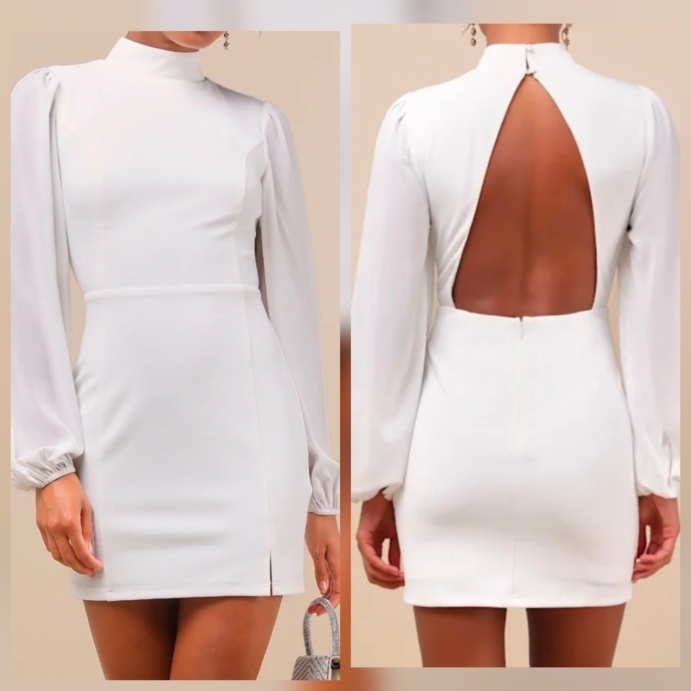 Lulus Exceptionally Flirty White Long Sleeve Backless Mini Dress, Size Small